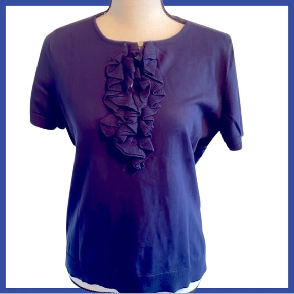 American Living Navy Blue Cotton Blend Ruffled Short Sleeve Sweater Size Large - Picture 2 of 5